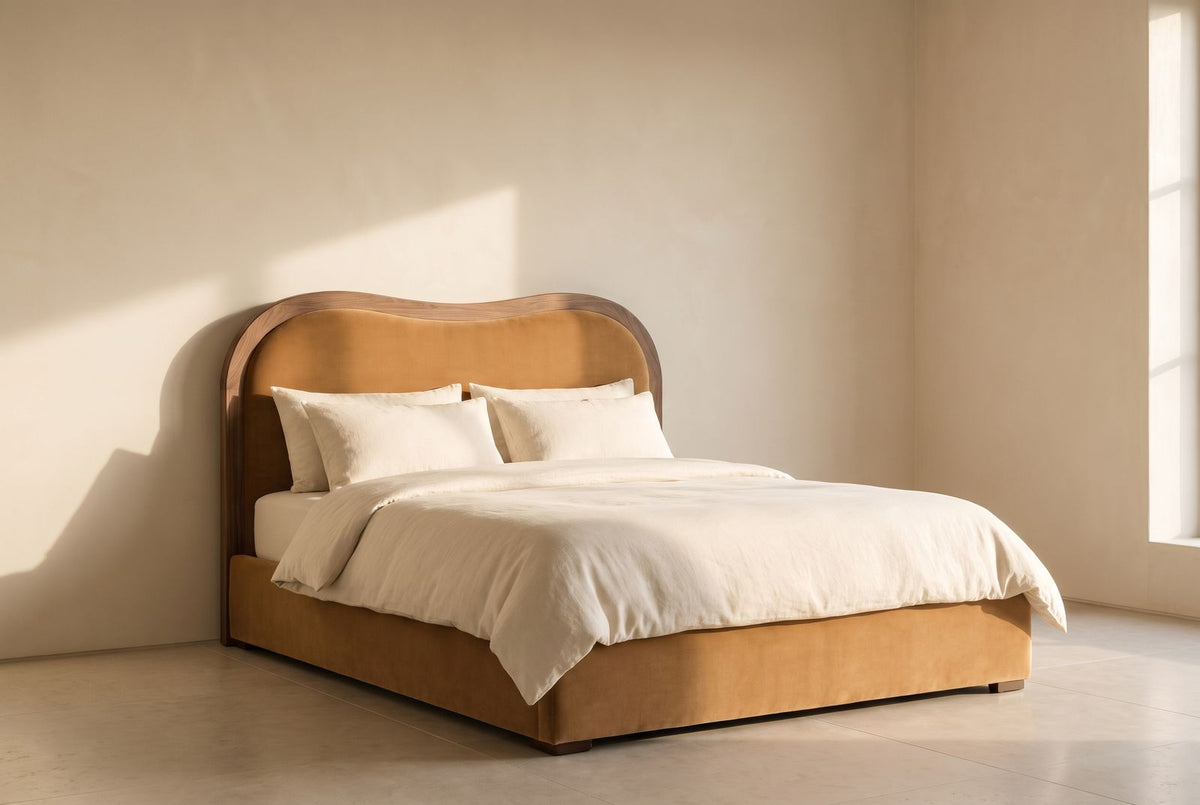 Abigail Platform Bed in camel mohair velvet
