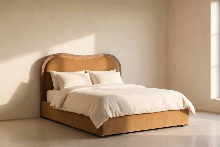 Abigail Platform Bed in camel mohair velvet