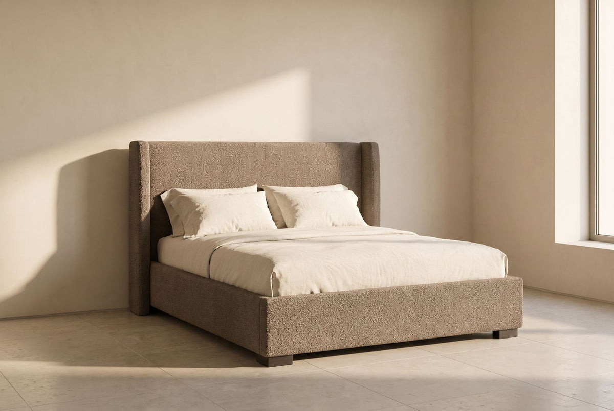 Santa Fe Platform Bed in taupe wool bouclé