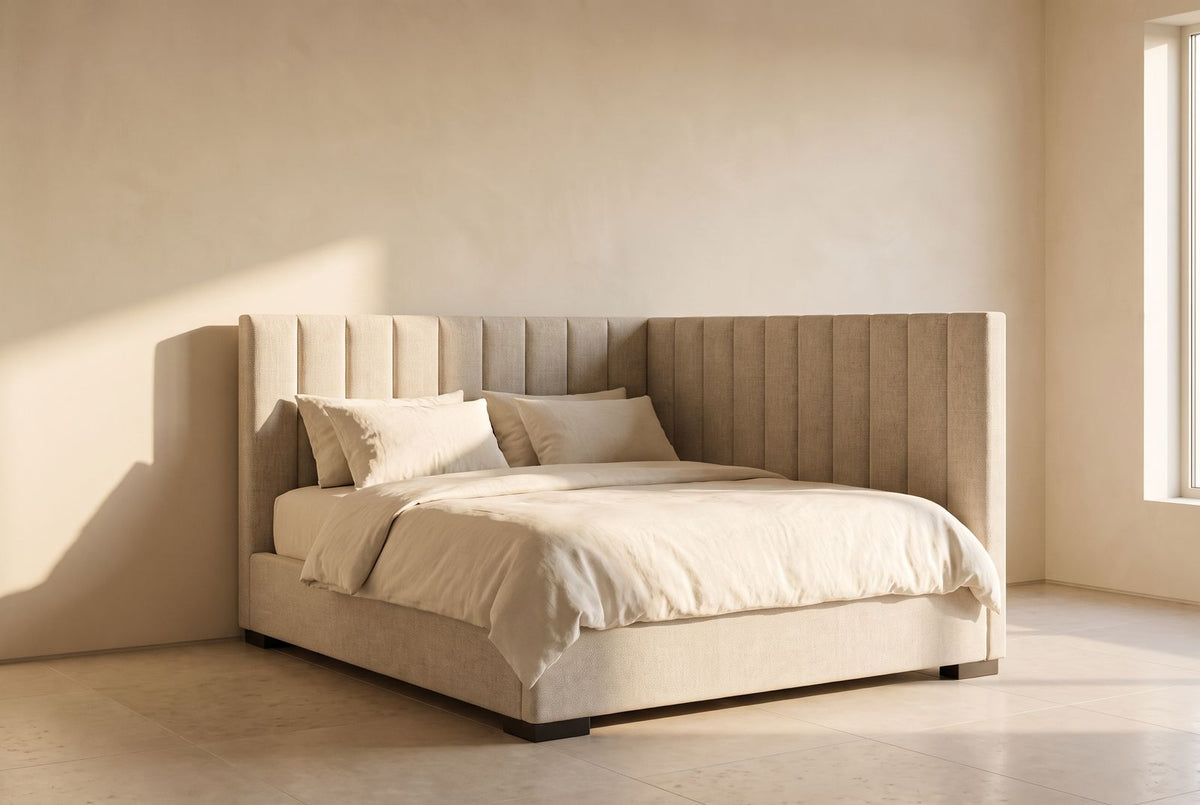 Celine Corner Platform Bed in oatmeal linen