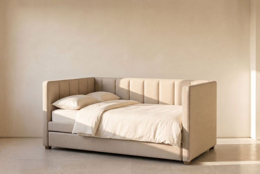 Celine Twin Daybed with Trundle - Stylish Comfort for Any Space in oatmeal linen