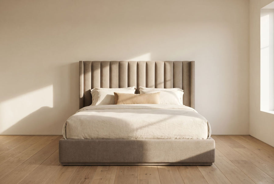 Celine Platform Bed in taupe wool linen