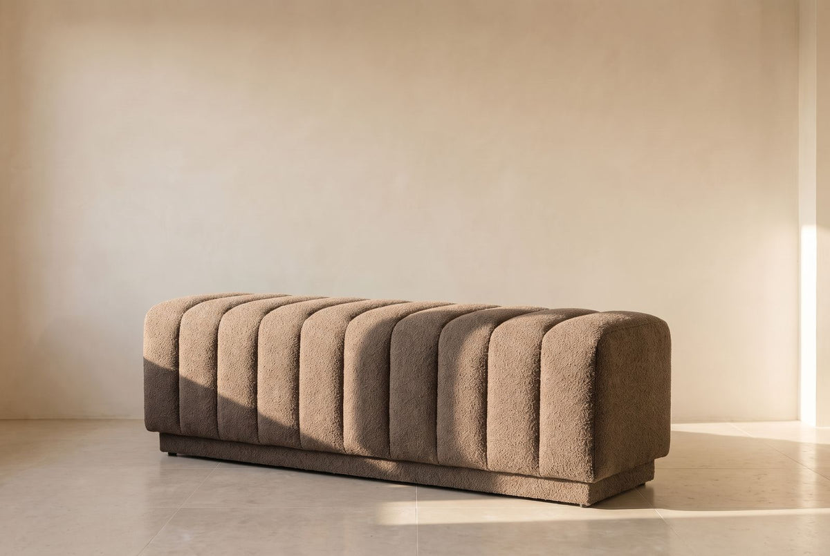 Cami Channeled Bench in taupe wool bouclé