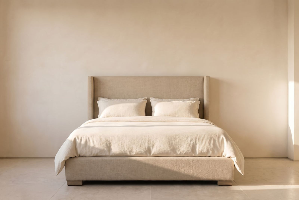 Clarissa Platform Bed in sand textured linen
