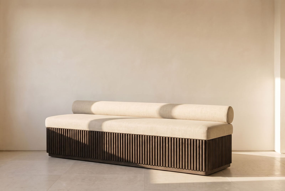 Fergus Fluted Bench in sand textured linen