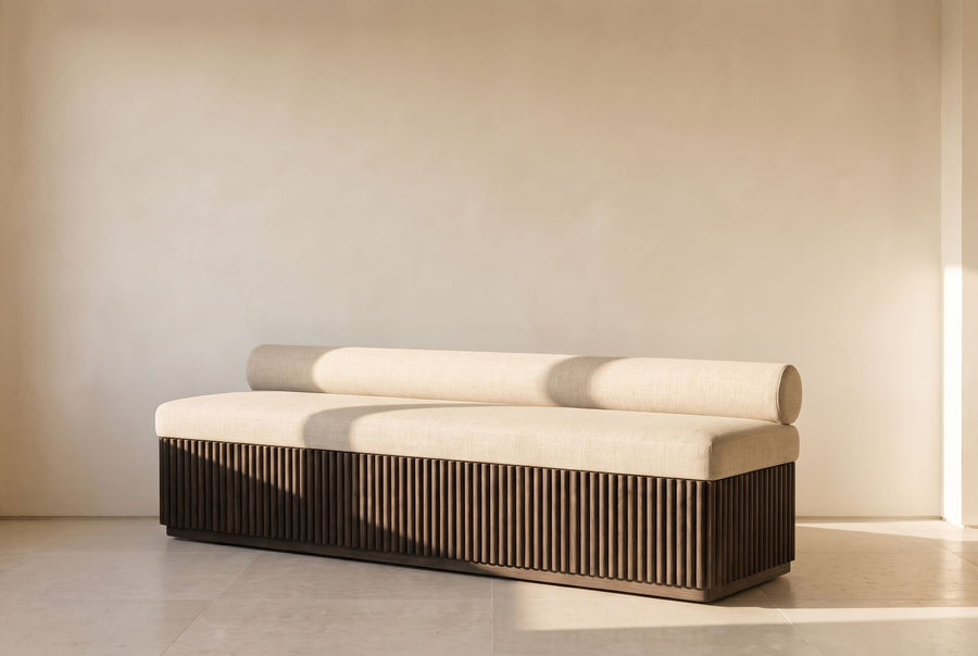 Fergus Fluted Bench in sand textured linen