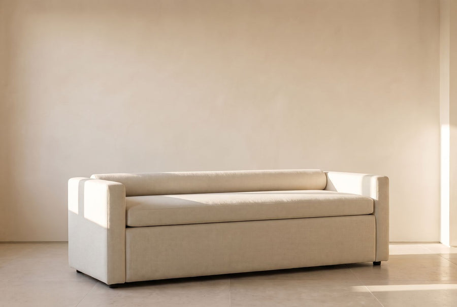 Fergus Storage Corner Bench in sand textured linen