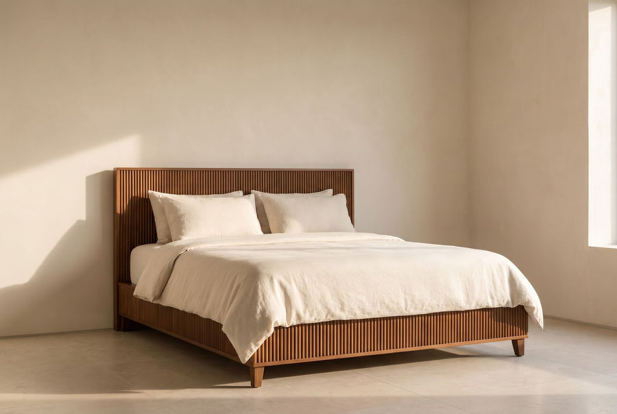 Lotus Platform Bed - Wooden in ivory bouclé