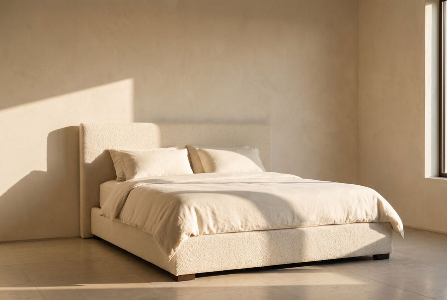 Lotus Platform Bed - Upholstered in ivory bouclé