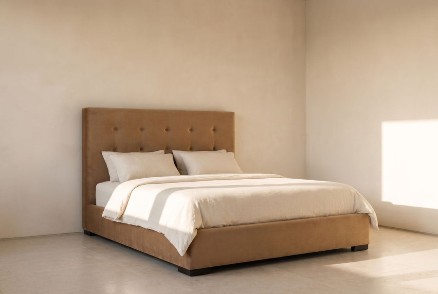 Gizelle Platform Bed in camel mohair velvet