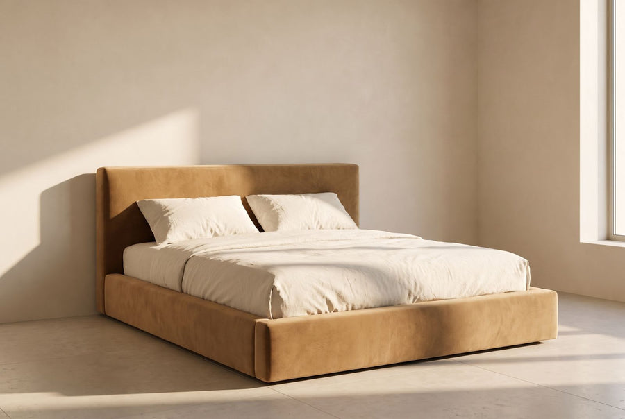 Jasper Platform Bed in camel mohair velvet