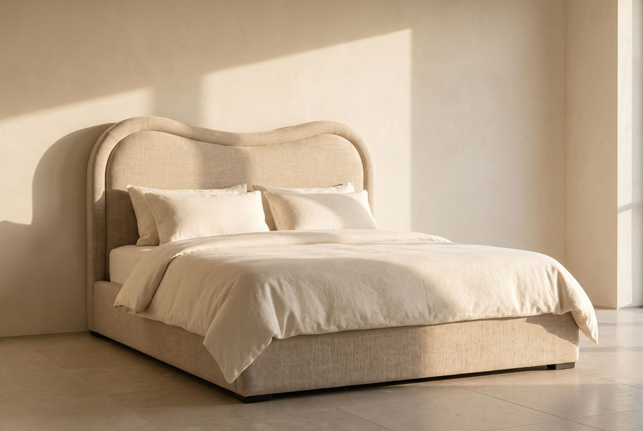 Juniper Platform Bed in oatmeal linen