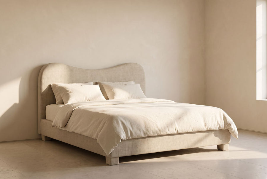 Milo Platform Bed in oatmeal linen