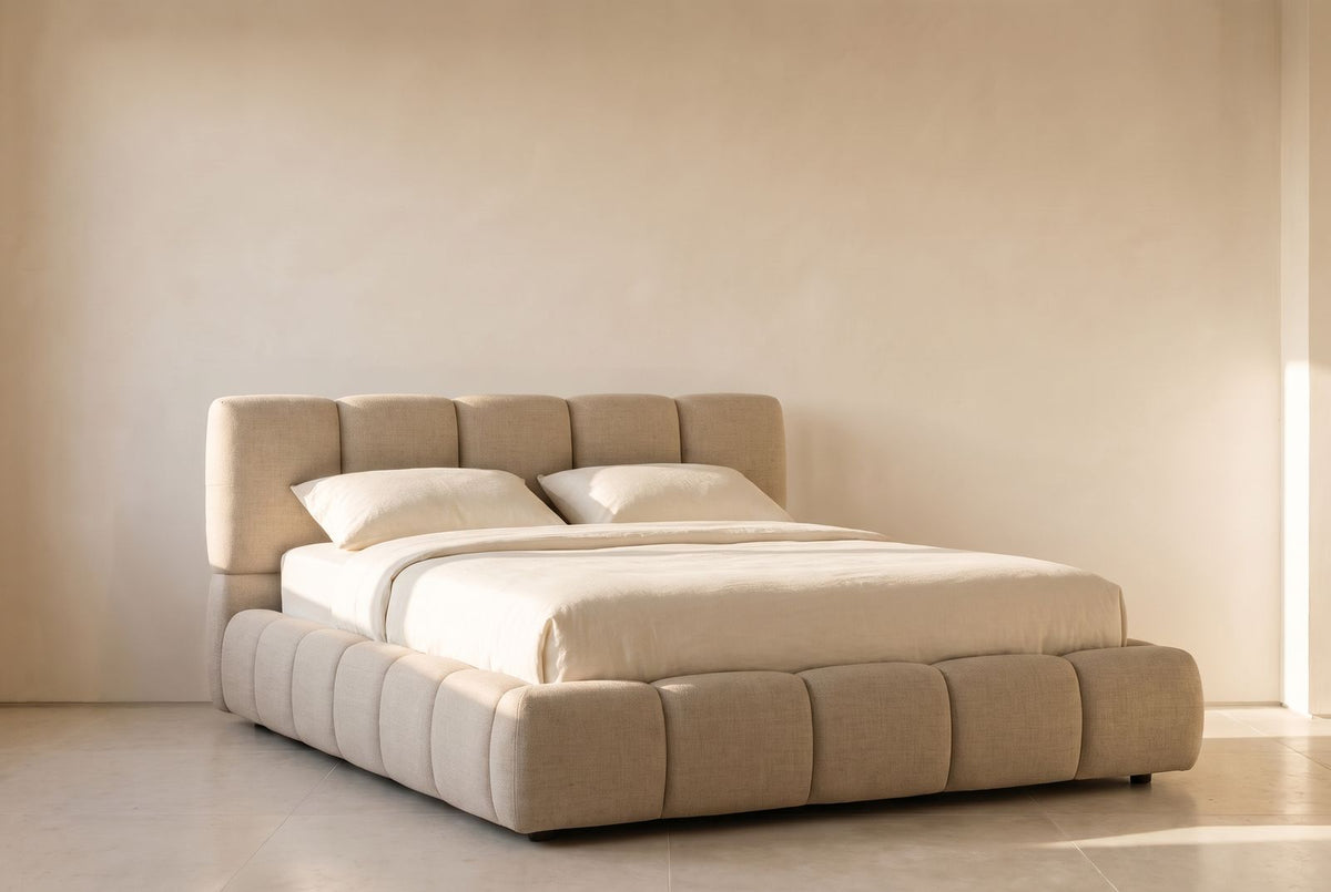 Odyssey Platform Bed in sand textured linen