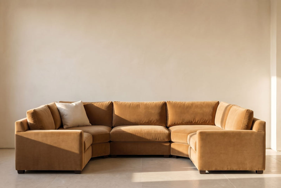 Paloma 4 x 4 Sectional in camel mohair velvet
