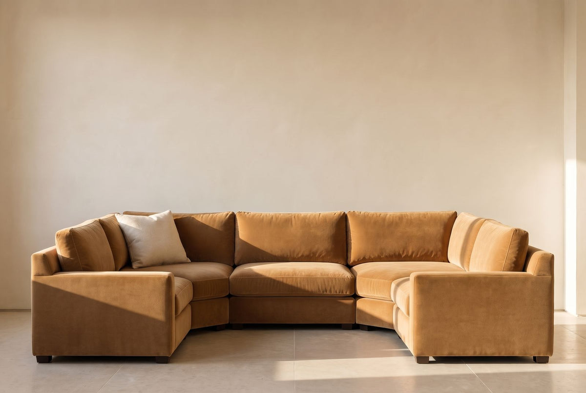 Paloma 2 x 2 Sectional & Ottoman in camel mohair velvet