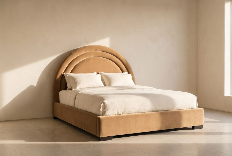Sabrina Platform Bed in camel mohair velvet