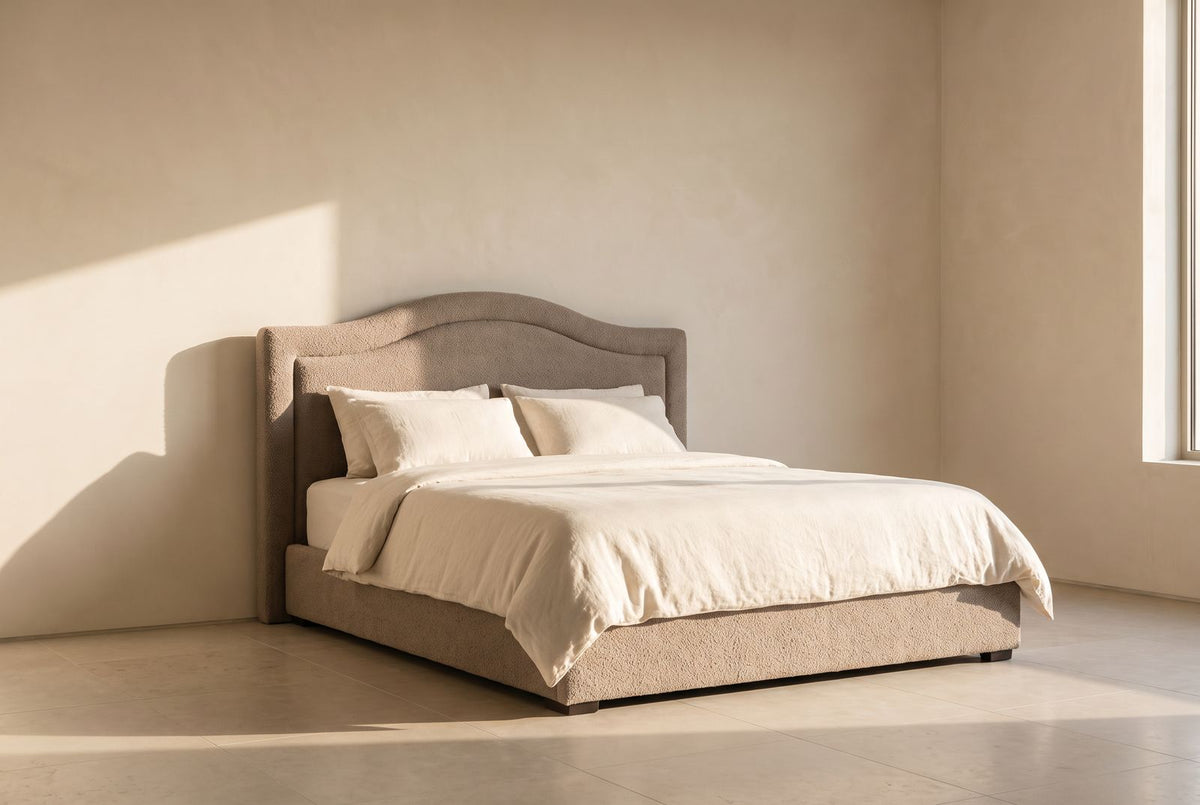 Santiago Platform Bed in taupe wool bouclé