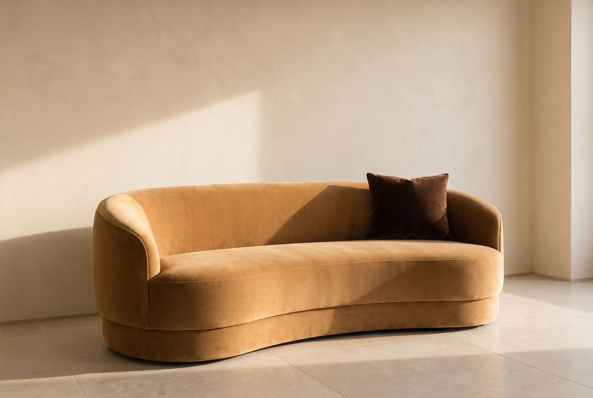 Serena Sofa in camel mohair velvet