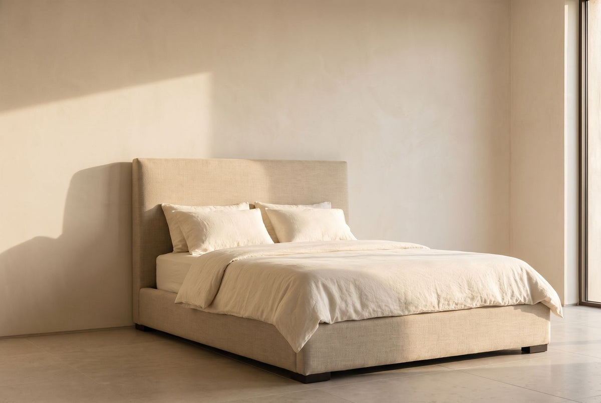Slanted Santana Platform Bed in sand textured linen