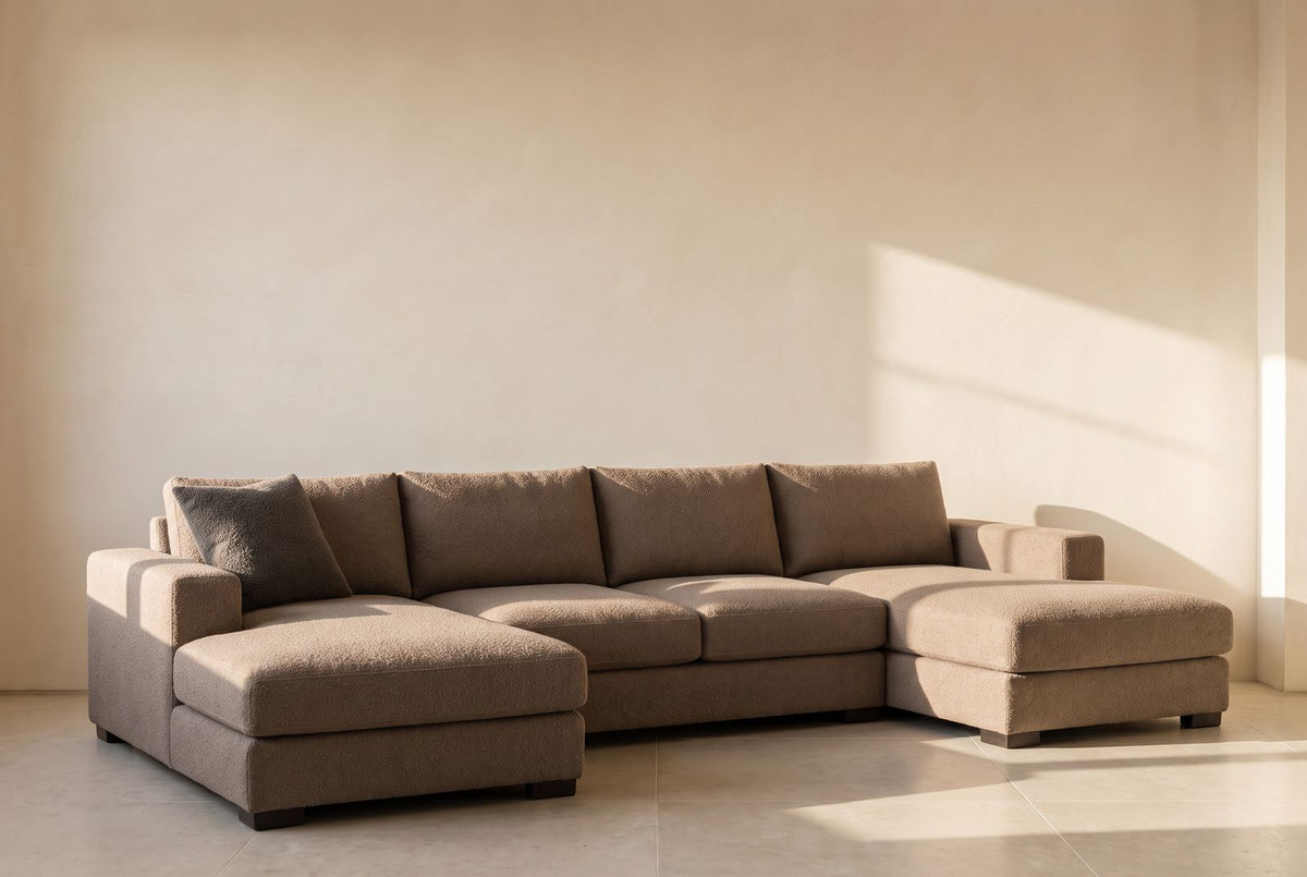 Stanton II Arm Chaise Sectional in taupe wool bouclé