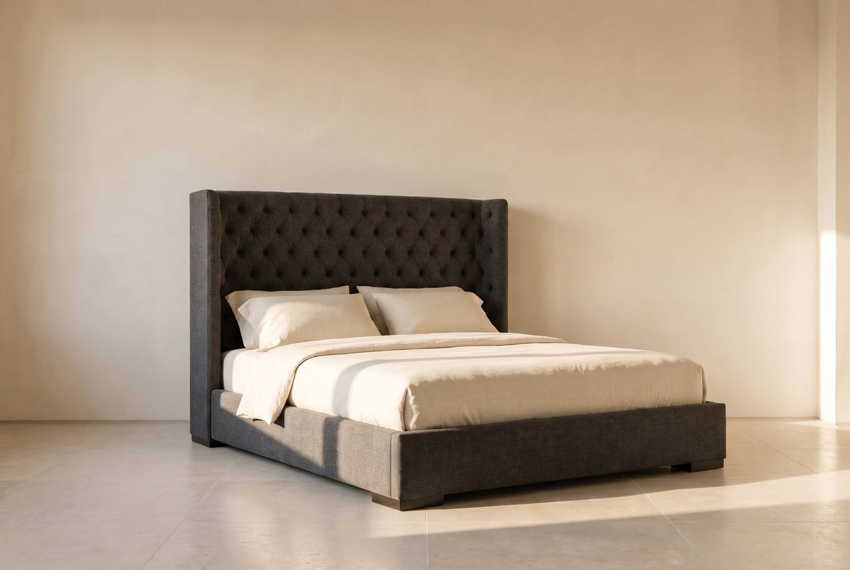 Stella Platform Bed in charcoal heathered wool