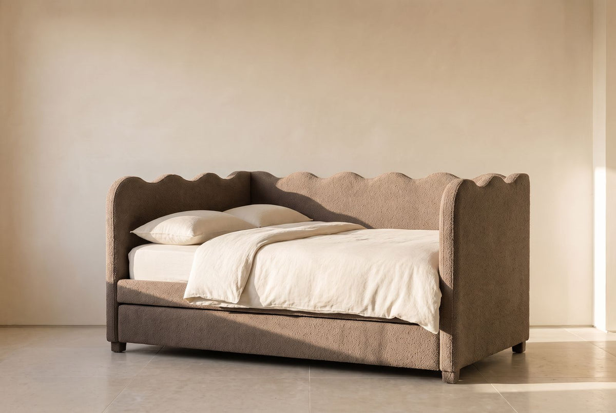 Wave Twin Daybed with Trundle in taupe wool bouclé