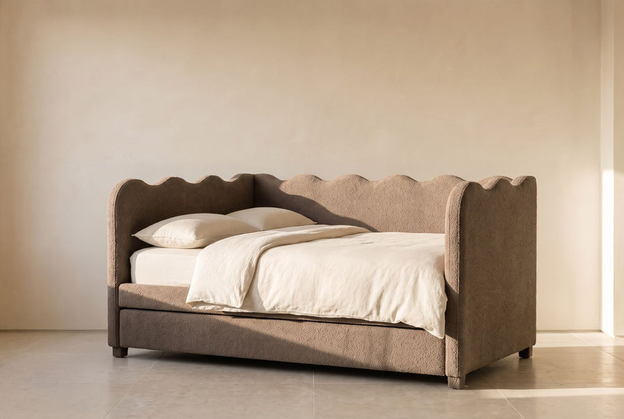 Wave Twin Daybed with Trundle in taupe wool bouclé