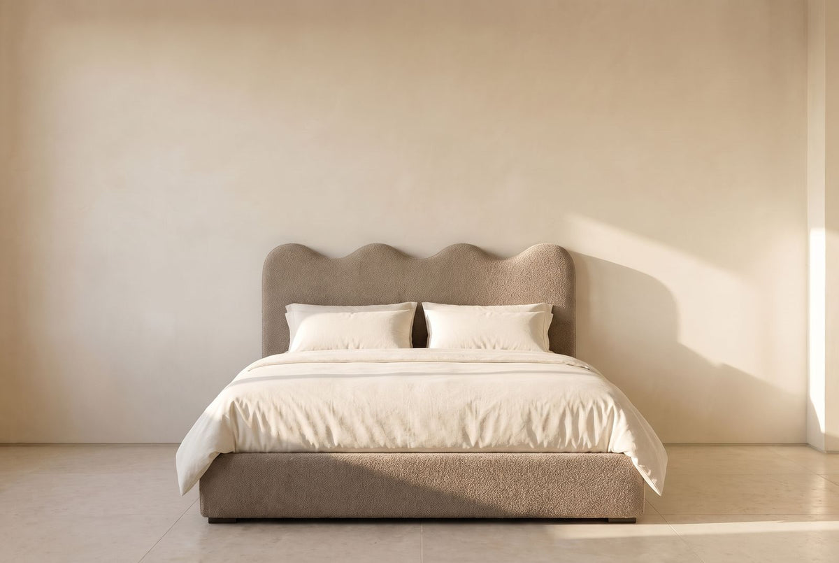 Wave Platform Bed in taupe wool bouclé
