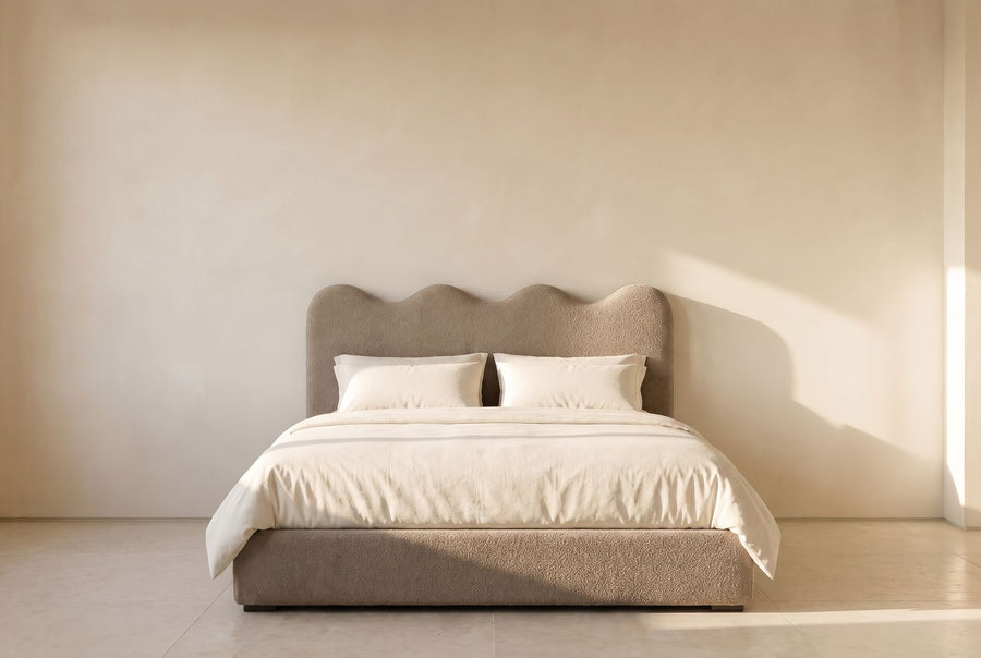 Wave Platform Bed in taupe wool bouclé