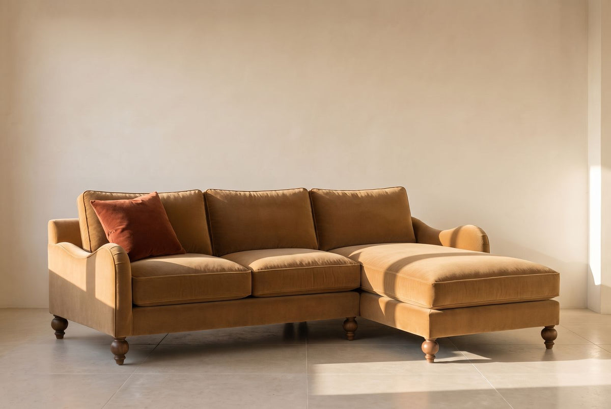 Windermere Arm Chaise Sectional in camel mohair velvet