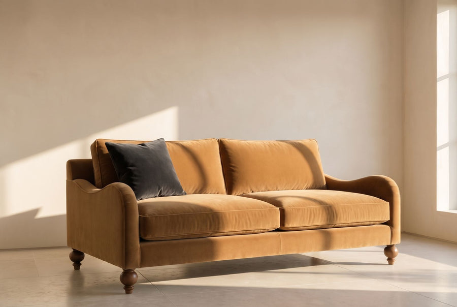 Windermere Sofa in camel mohair velvet